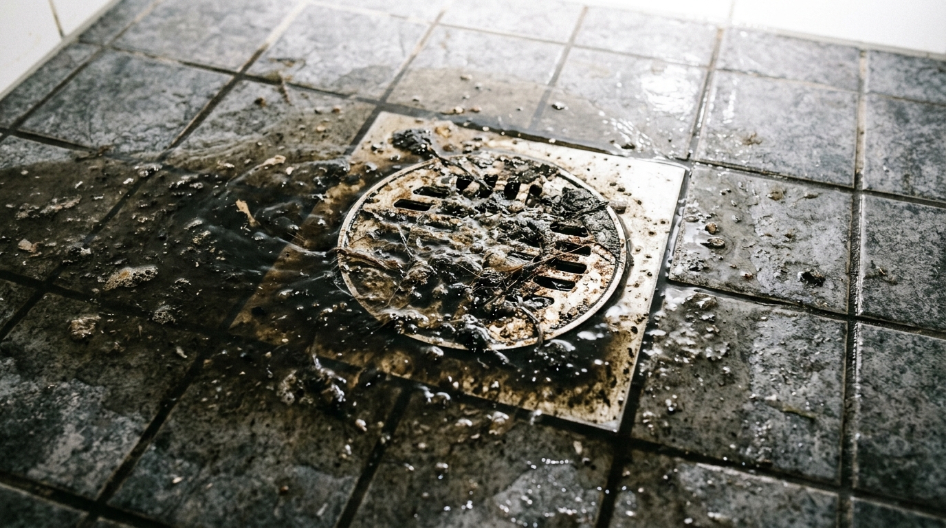 Ralo de piso com água suja retornando e alagando o ambiente